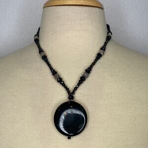 Round Black Shiny Pendant Necklace w/ Black Shiny & Silver-Tone Beads OS